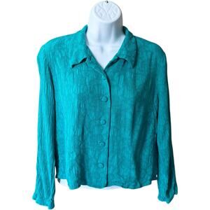 Karin Stevens Petites Textured Button Blouse Teal Blue Rayon Long Sleeve 90s